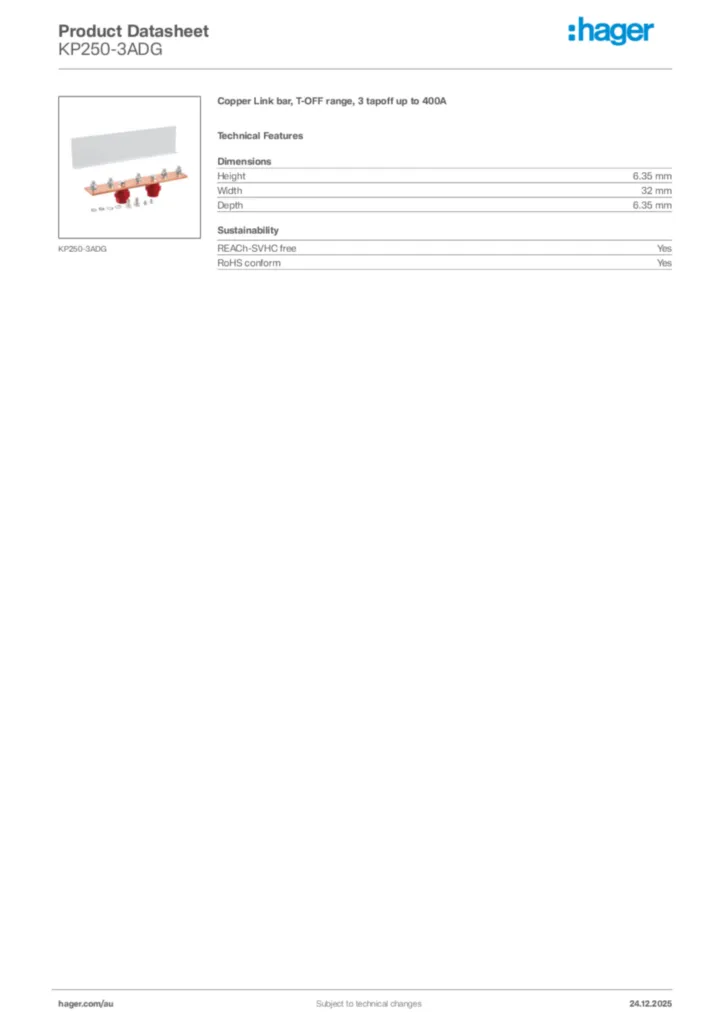 Image Hager Product data sheet KP250-3ADG  | Hager Australia
