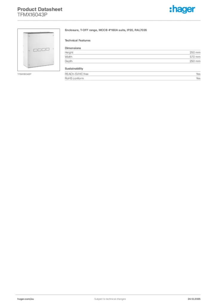 Image Hager Product data sheet TFMX16043P  | Hager Australia