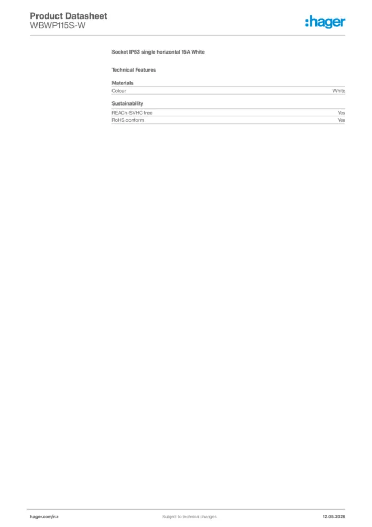 Image Hager Product data sheet WBWP115S-W  | Hager New Zealand