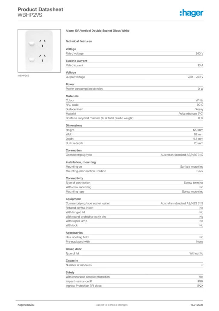 Image Hager Product data sheet WBHP2VS  | Hager Australia
