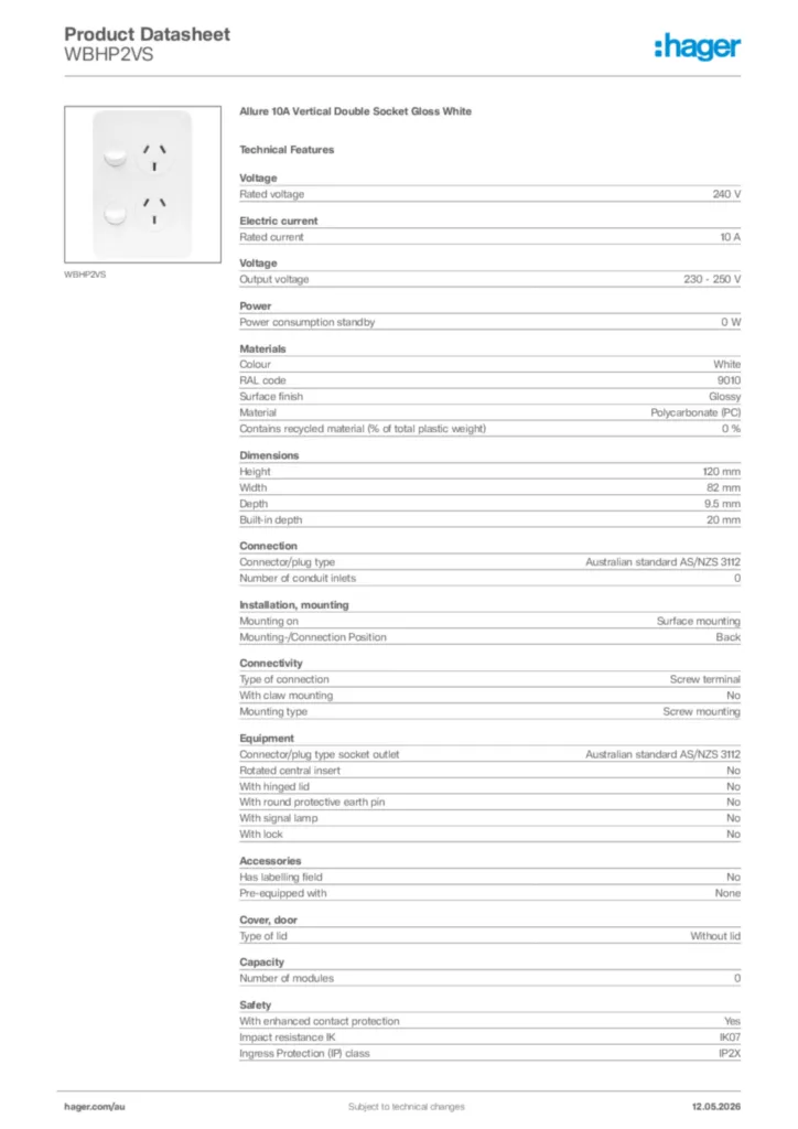 Image Hager Product data sheet WBHP2VS  | Hager Australia