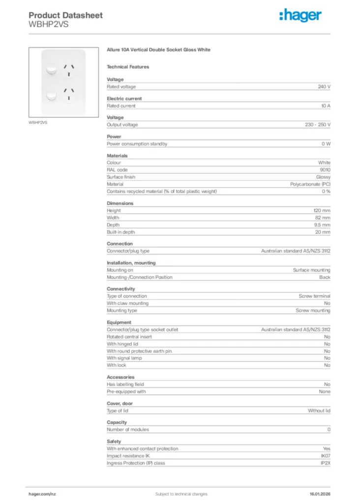 Image Hager Product data sheet WBHP2VS  | Hager New Zealand
