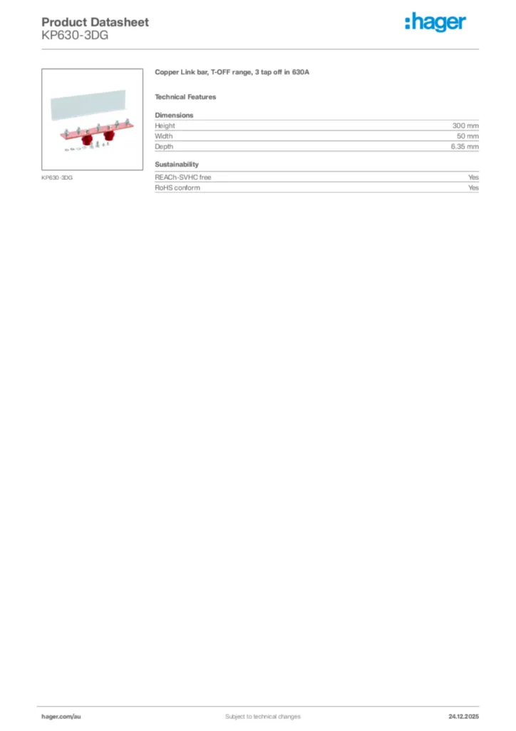 Image Hager Product data sheet KP630-3DG  | Hager Australia