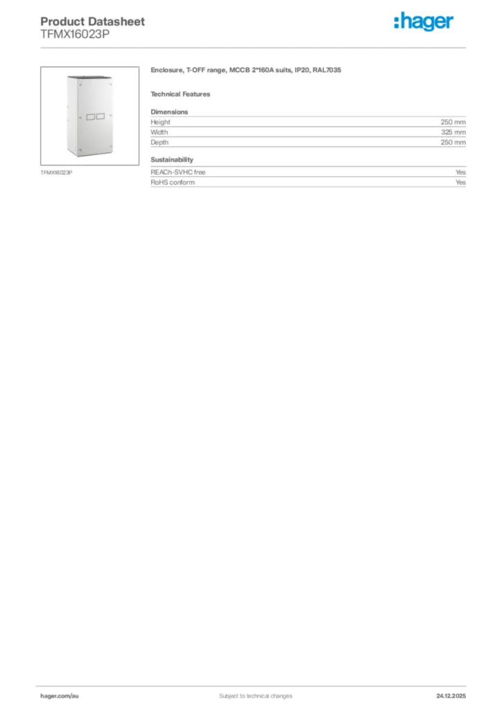 Image Hager Product data sheet TFMX16023P  | Hager Australia