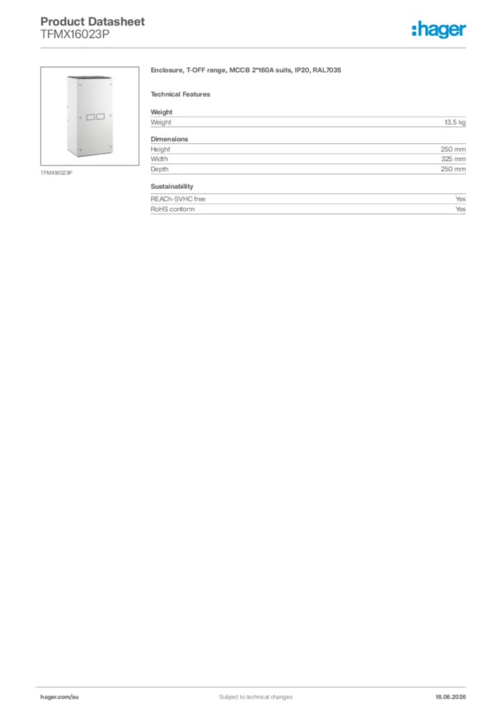 Image Hager Product data sheet TFMX16023P  | Hager Australia