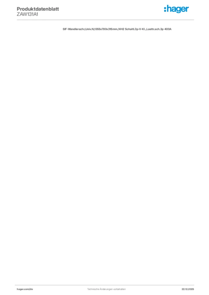 Bild Hager Produktdatenblatt ZAW131A1 | Hager Deutschland