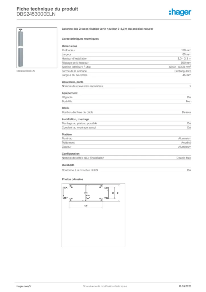 Image Hager Fiche technique du produit DBS2453000ELN | Hager France