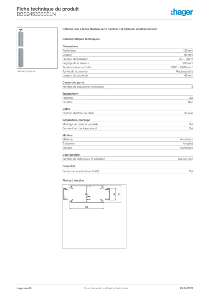 Image Hager Fiche technique du produit DBS2453300ELN | Hager France