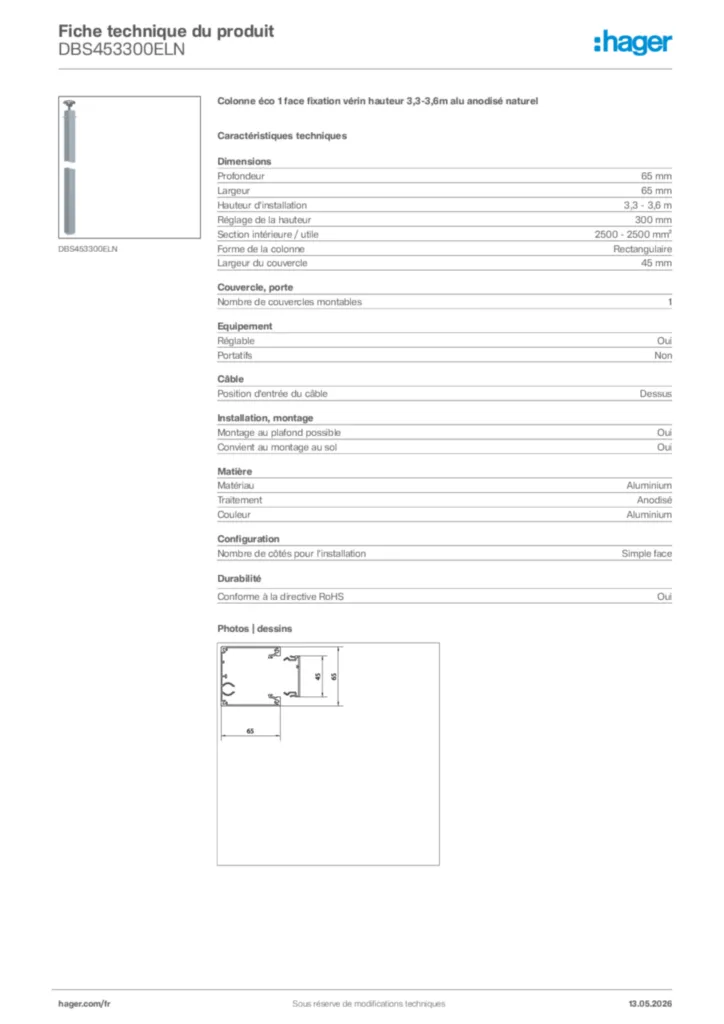 Image Hager Fiche technique du produit DBS453300ELN | Hager France