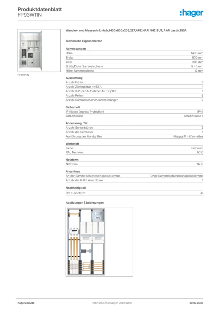 Bild Hager Produktdatenblatt FP93W11N | Hager Deutschland
