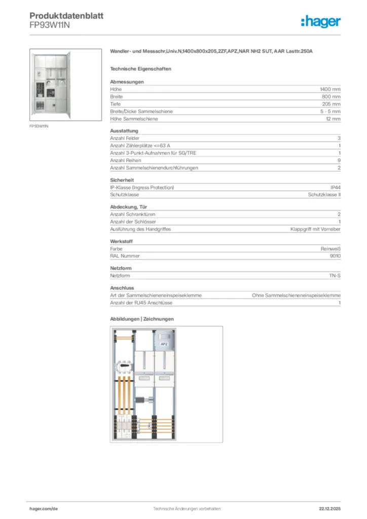 Bild Hager Produktdatenblatt FP93W11N | Hager Deutschland