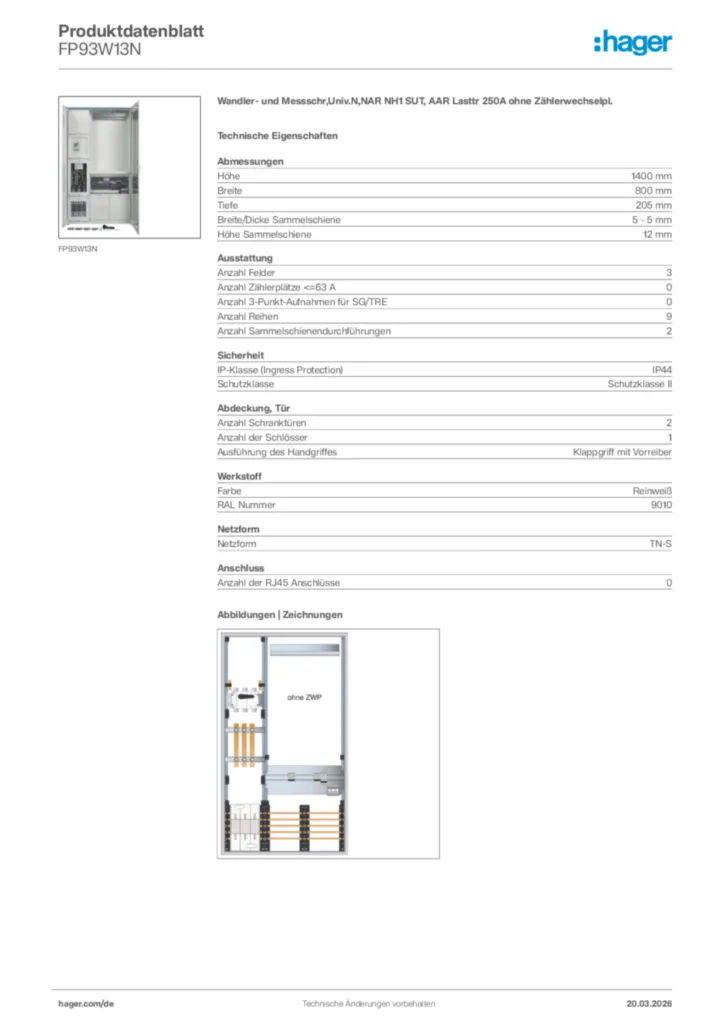 Bild Hager Produktdatenblatt FP93W13N | Hager Deutschland