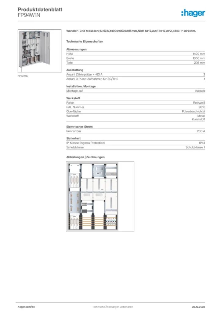 Bild Hager Produktdatenblatt FP94W1N | Hager Deutschland