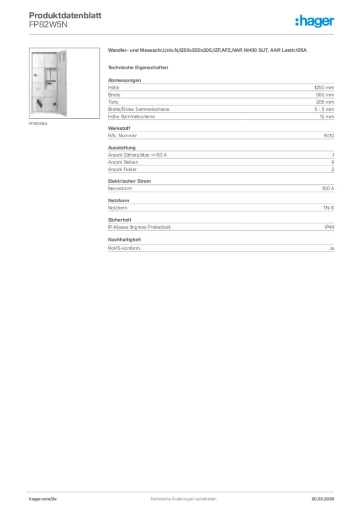 Bild Hager Produktdatenblatt FP82W5N | Hager Deutschland