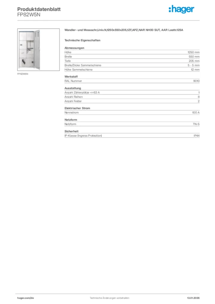 Bild Hager Produktdatenblatt FP82W5N | Hager Deutschland