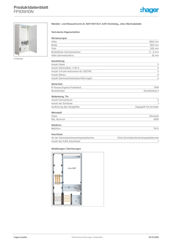 Bild Hager Produktdatenblatt FP93W10N | Hager Deutschland