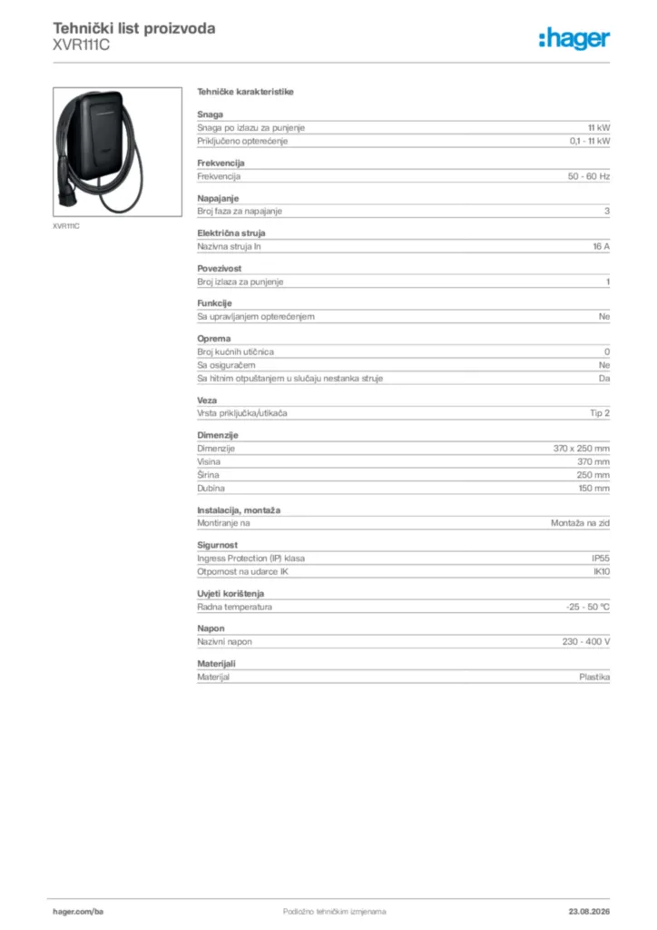 Slika Hager Tehnički list proizvoda XVR111C  | Hager