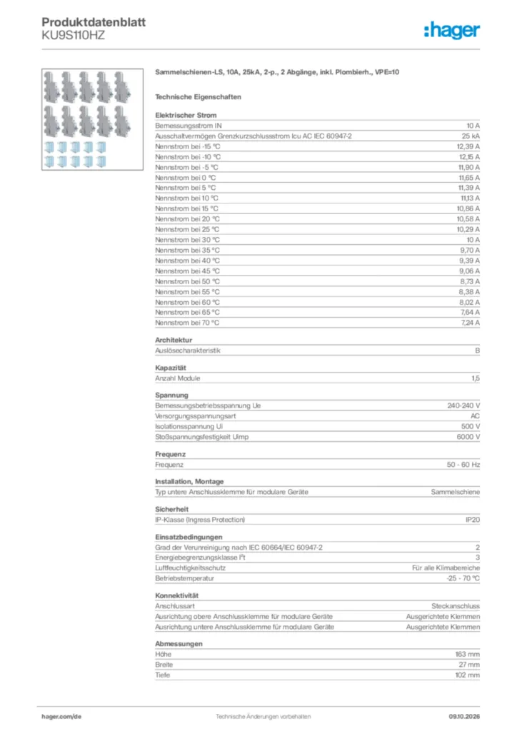 Bild Hager Produktdatenblatt KU9S110HZ | Hager Deutschland
