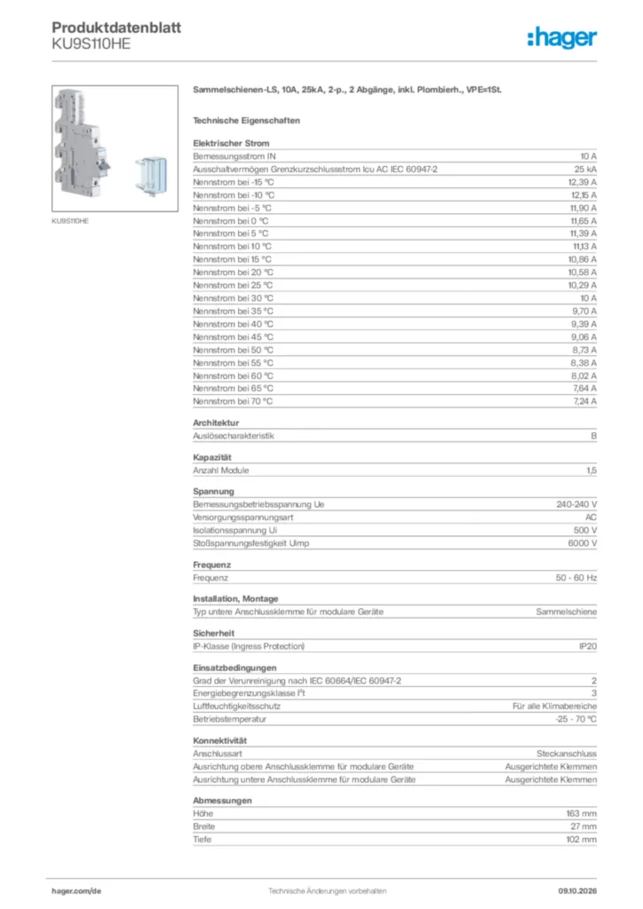 Bild Hager Produktdatenblatt KU9S110HE | Hager Deutschland