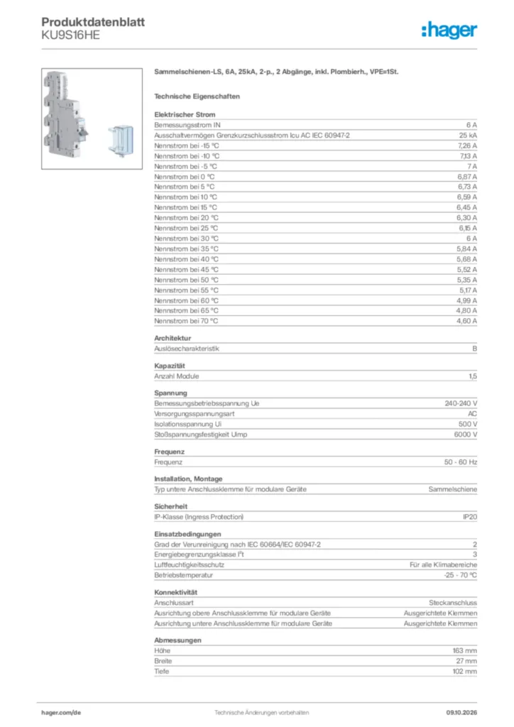 Bild Hager Produktdatenblatt KU9S16HE | Hager Deutschland