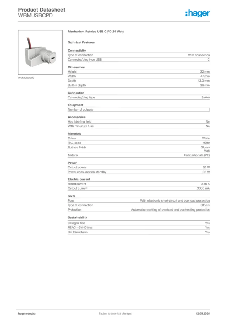 Image Hager Product data sheet WBMUSBCPD  | Hager Australia