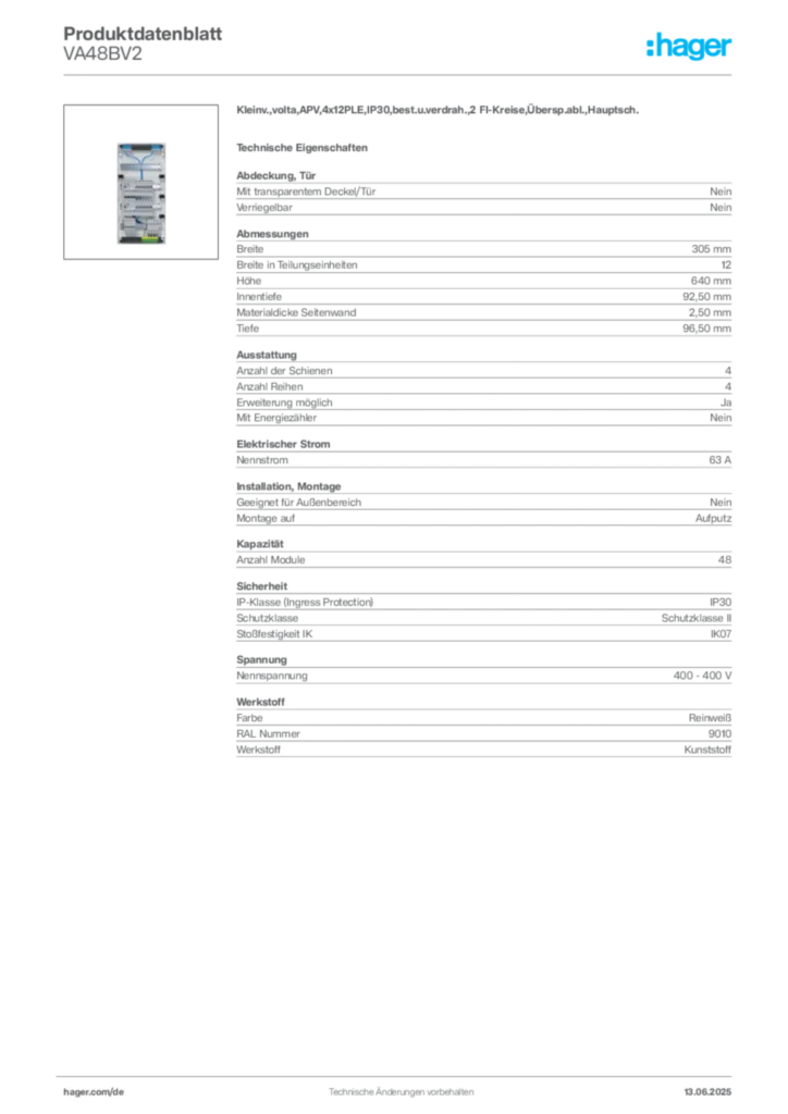 Hager Produktdatenblatt VA48BV2