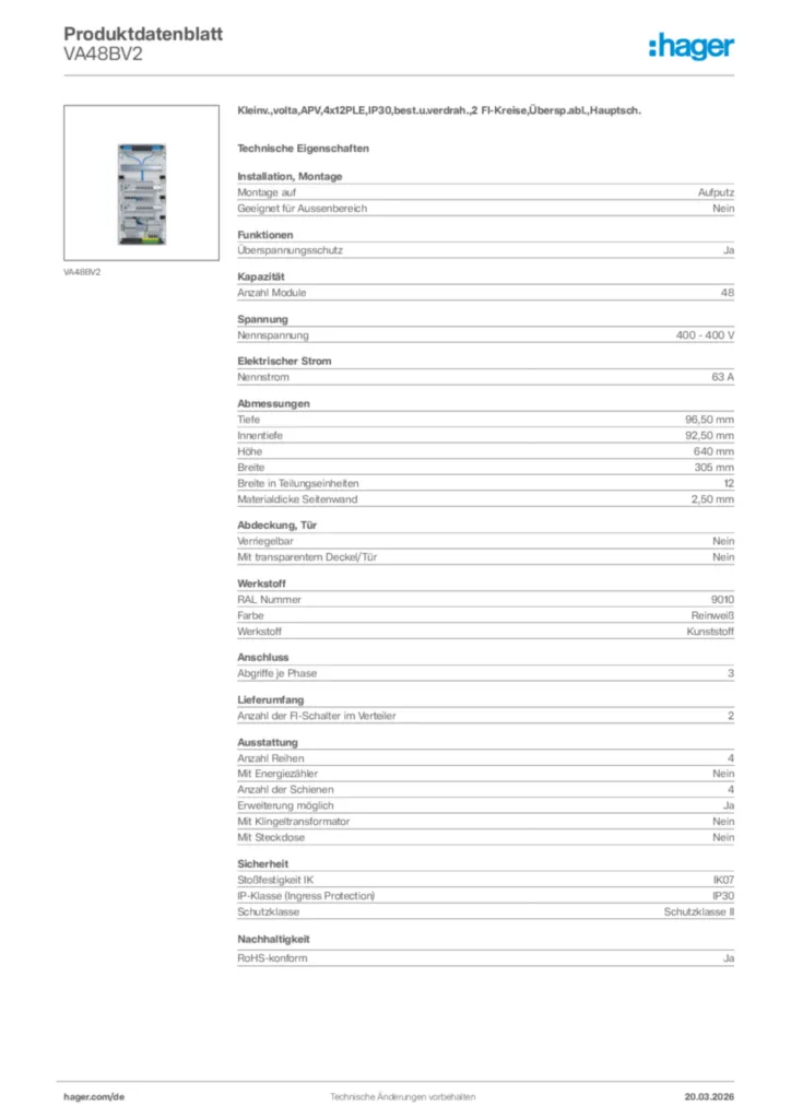 Bild Hager Produktdatenblatt VA48BV2 | Hager Deutschland
