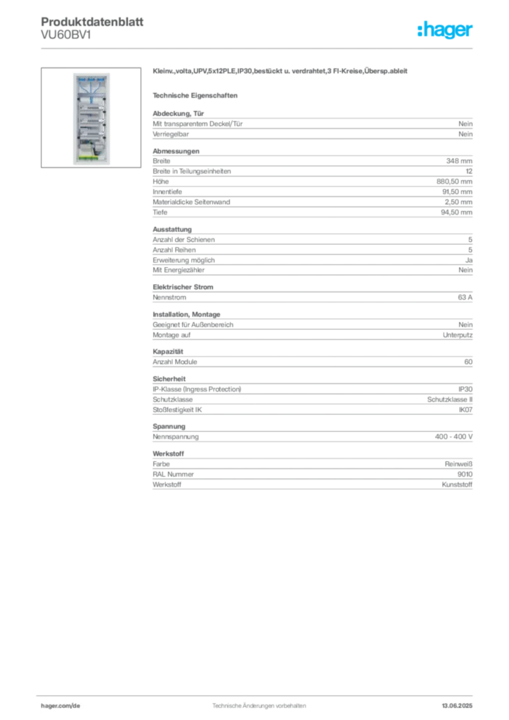 Hager Produktdatenblatt VU60BV1
