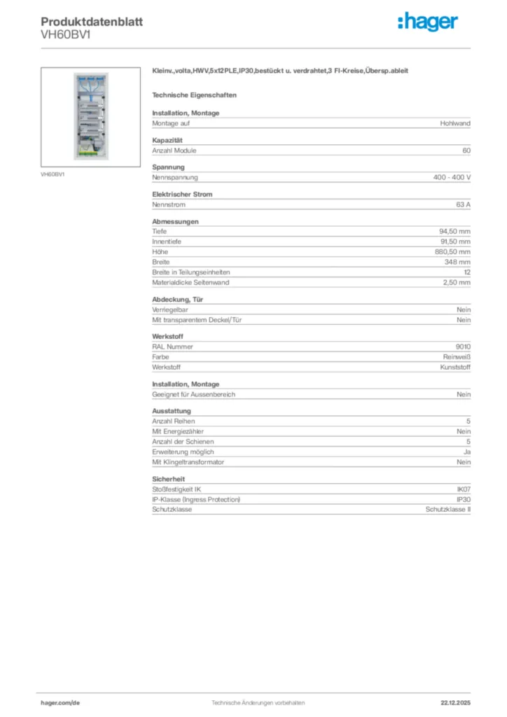 Bild Hager Produktdatenblatt VH60BV1 | Hager Deutschland