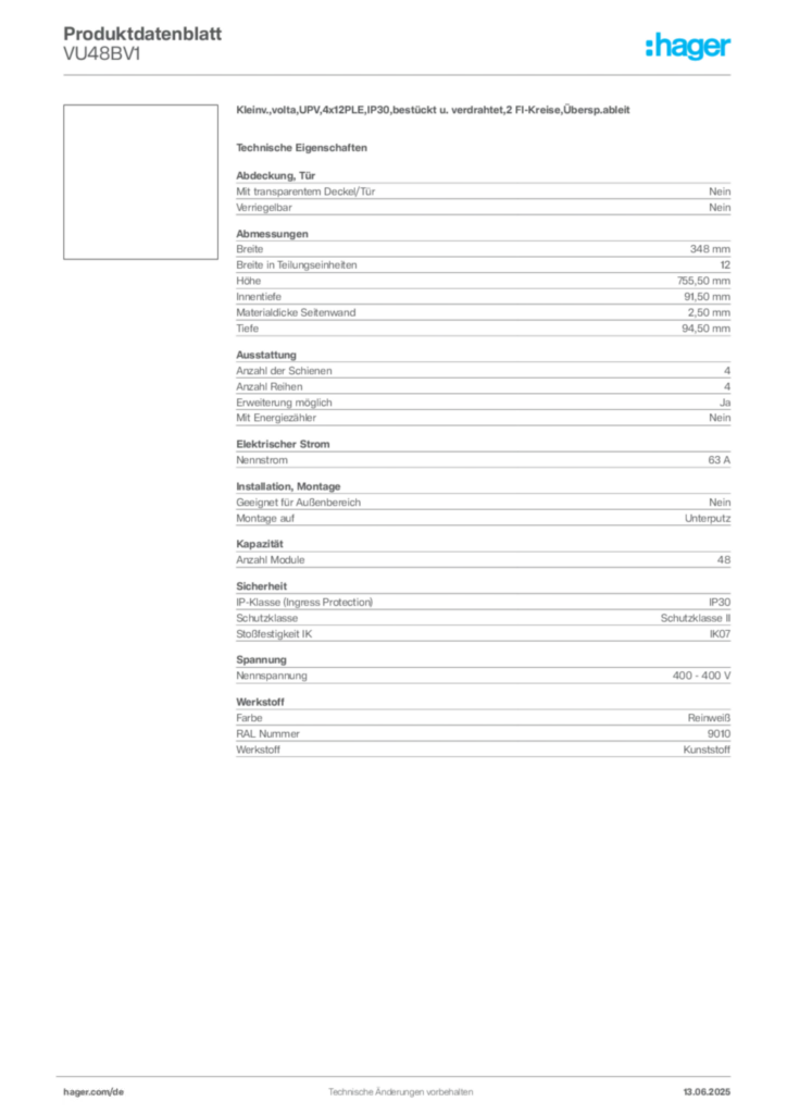 Hager Produktdatenblatt VU48BV1