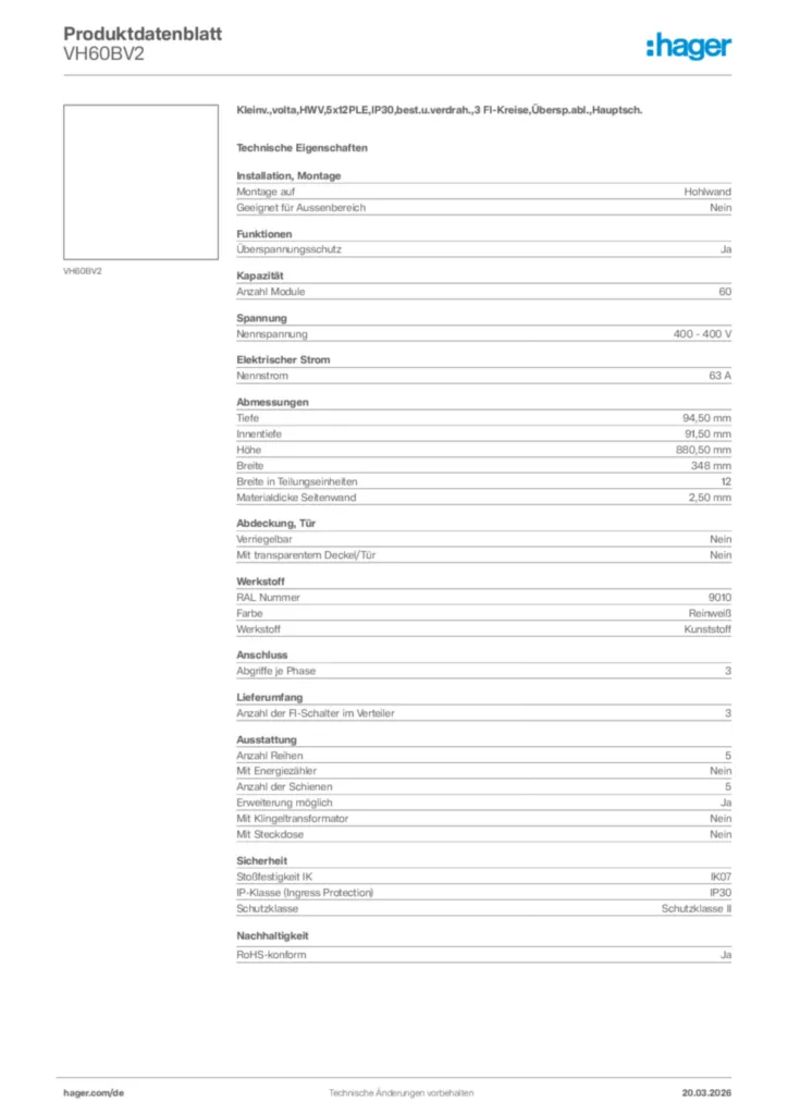 Bild Hager Produktdatenblatt VH60BV2 | Hager Deutschland