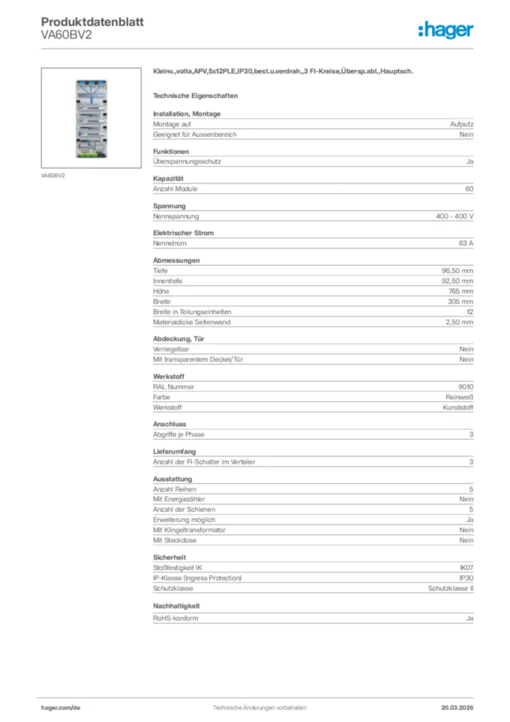Bild Hager Produktdatenblatt VA60BV2 | Hager Deutschland