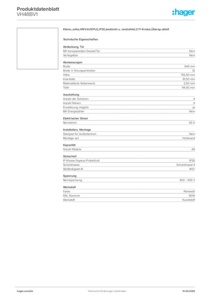 Hager Produktdatenblatt VH48BV1