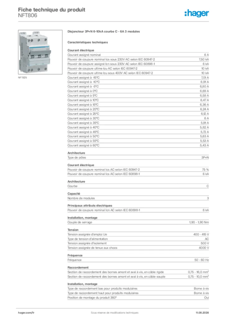 Image Hager Fiche technique du produit NFT806 | Hager France