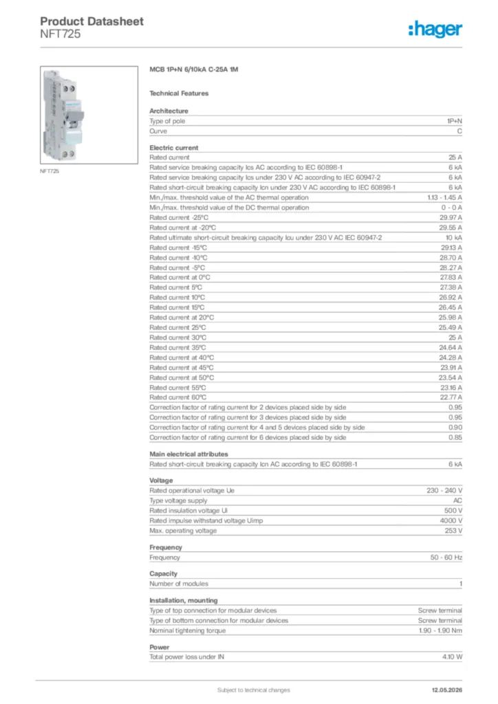 Image Hager Product data sheet NFT725  | Hager Africa