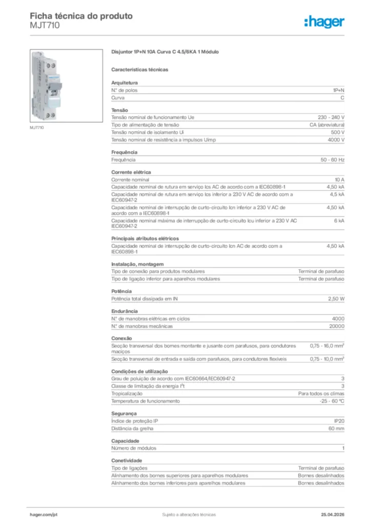 Imagem Hager Ficha técnica do produto MJT710 | Hager Portugal