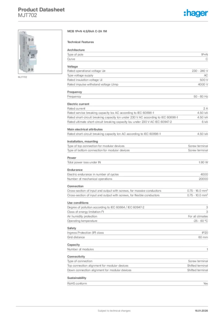 Image Hager Product data sheet MJT702  | Hager Africa