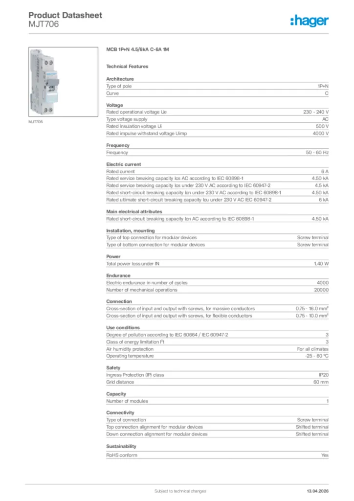 Image Hager Product data sheet MJT706  | Hager Africa
