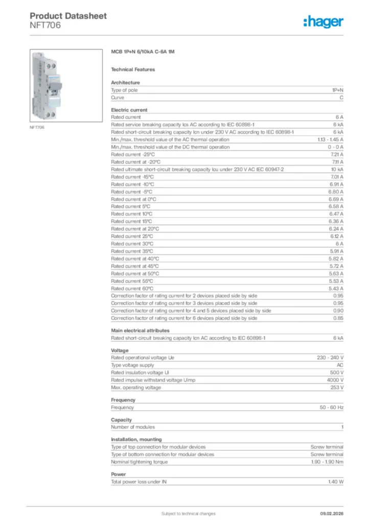 Image Hager Product data sheet NFT706  | Hager Africa