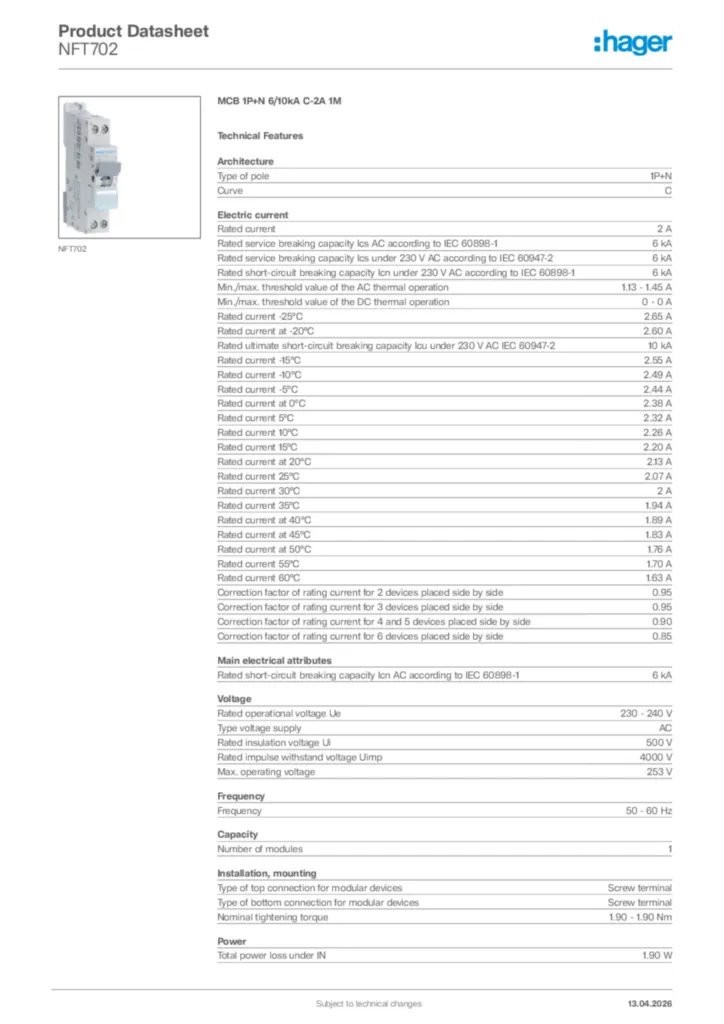 Image Hager Product data sheet NFT702  | Hager Africa