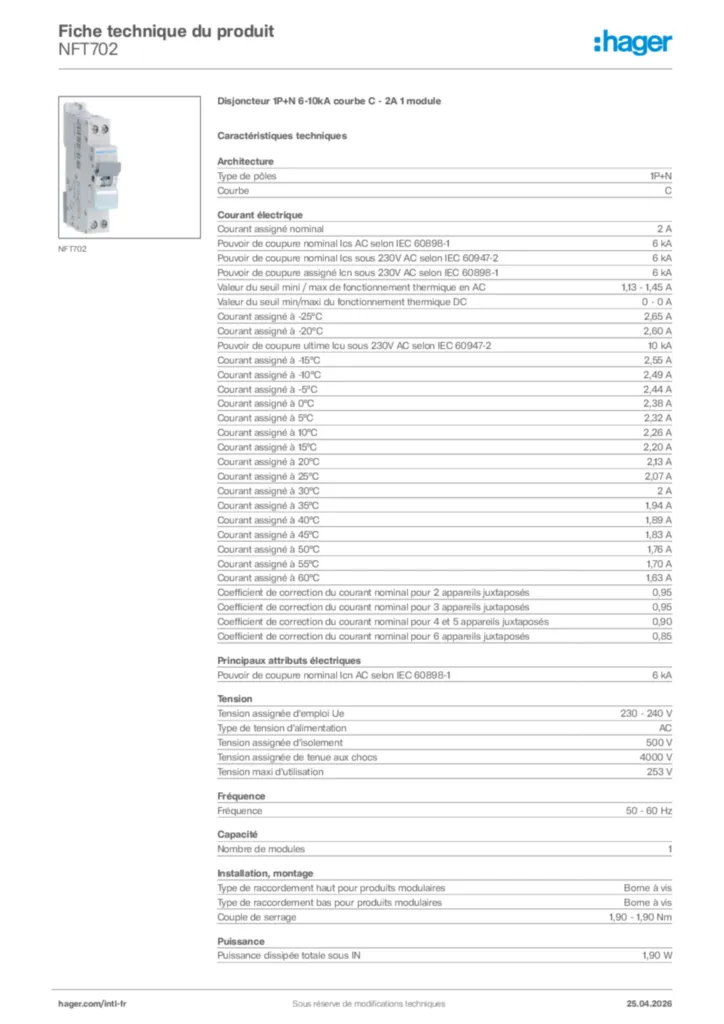 Image Hager Fiche technique du produit NFT702 | Hager Afrique