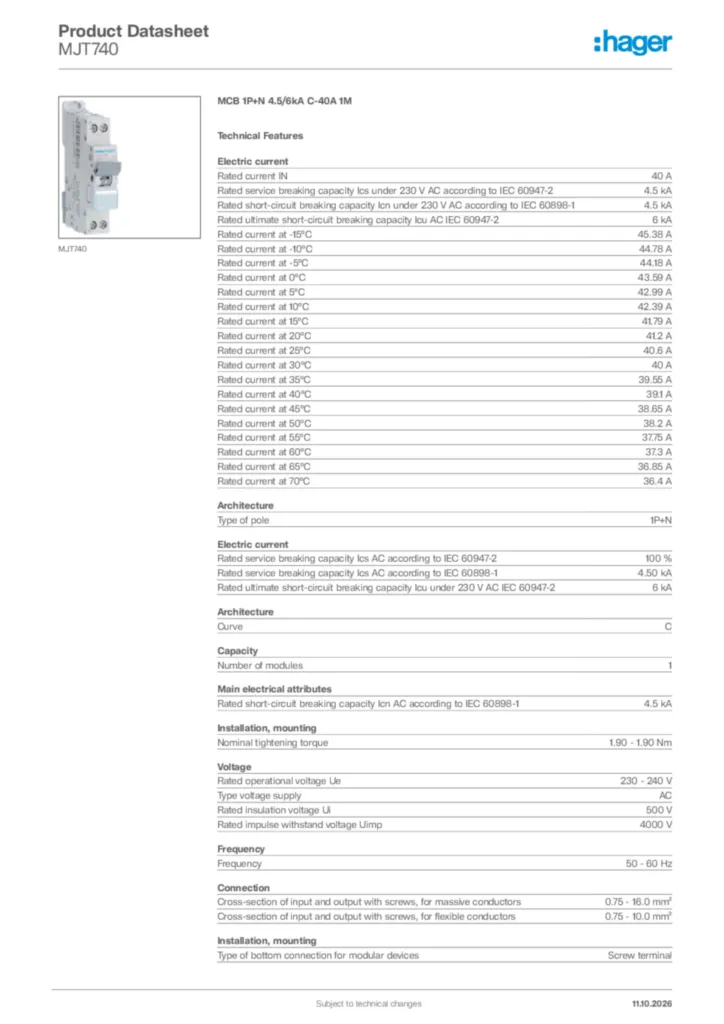 Image Hager Product data sheet MJT740  | Hager Africa