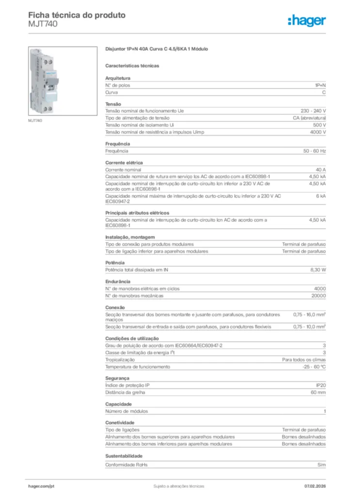 Imagem Hager Ficha técnica do produto MJT740 | Hager Portugal