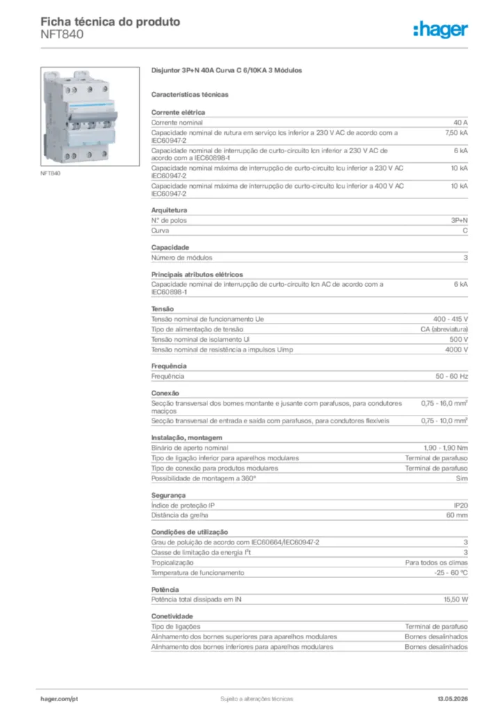 Imagem Hager Ficha técnica do produto NFT840 | Hager Portugal