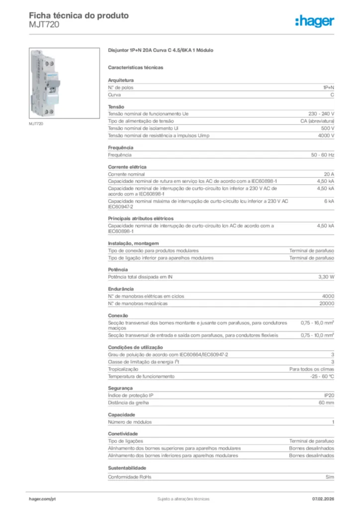 Imagem Hager Ficha técnica do produto MJT720 | Hager Portugal