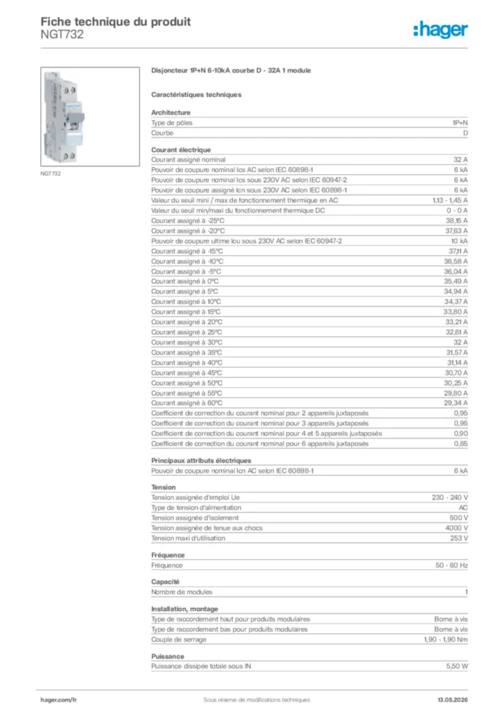 Image Hager Fiche technique du produit NGT732 | Hager France