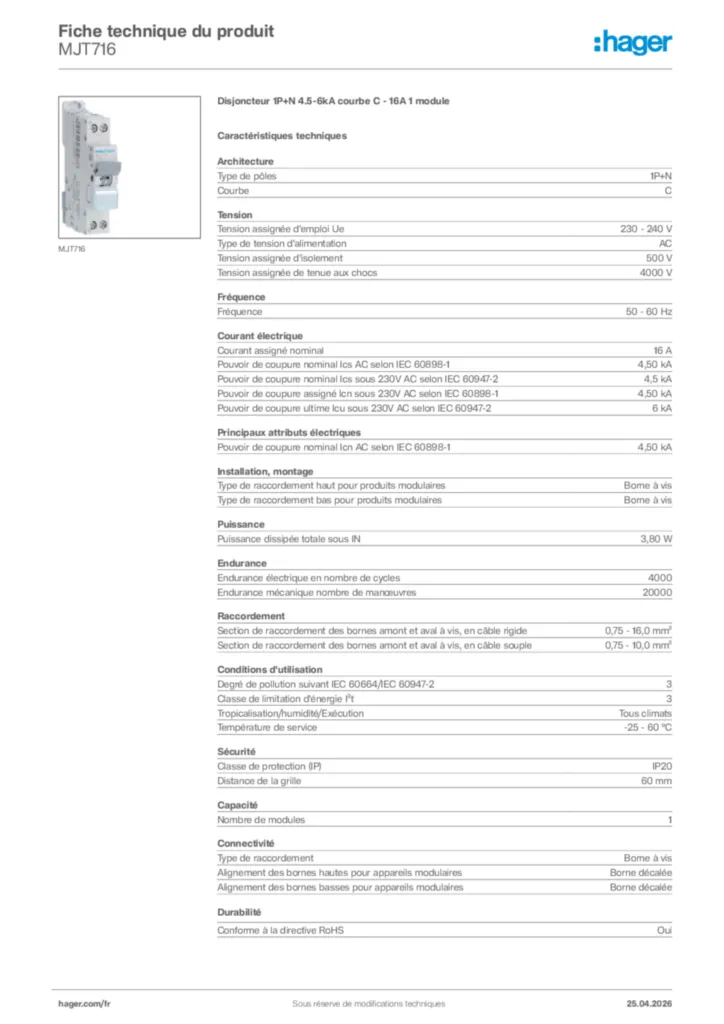 Image Hager Fiche technique du produit MJT716 | Hager France