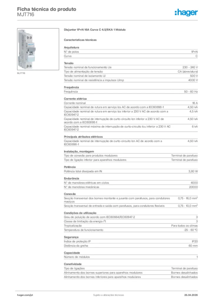 Imagem Hager Ficha técnica do produto MJT716 | Hager Portugal