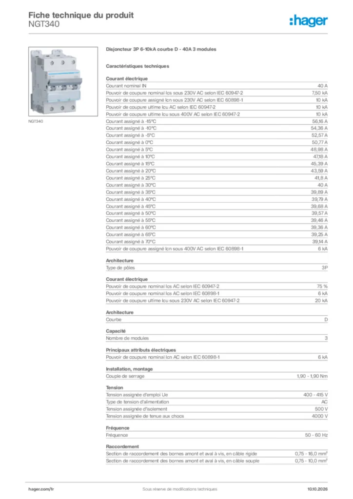 Image Hager Fiche technique du produit NGT340 | Hager France