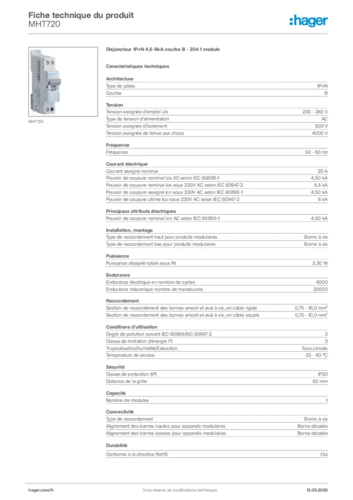 Image Hager Fiche technique du produit MHT720 | Hager France